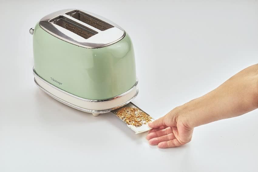 Ariete Vintage 155, 2-Scheiben-Toaster, Retro Toaster mit 6 Toaststufen, Automatischer Auswurf, Auftaufunktion, Herausnehmbares Krümelfach, Gehäuse aus Edelstahl, mit Sandwichzangen, 810W, Vert