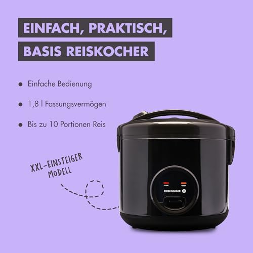 REISHUNGER Reiskocher & Dampfgarer mit Keramikbeschichtung - 1,2 L, Schwarz - Für 1-6 Personen - Schnelle Zubereitung ohne Anbrennen - Mit Warmhaltefunktion inkl. Dämpfeinsatz, Löffel & Messbecher