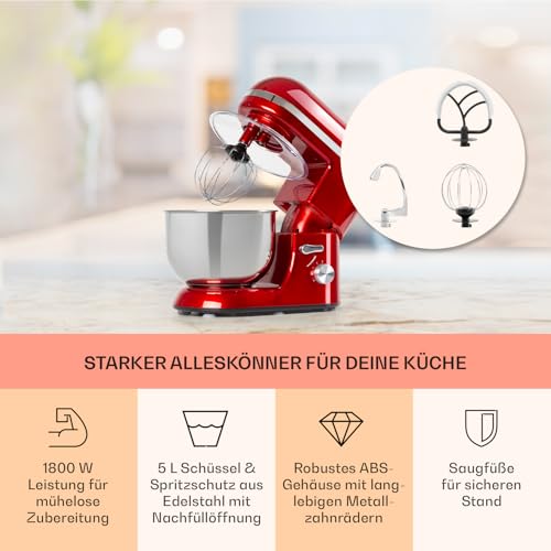Klarstein Küchenmaschine, Knetmaschine mit 5L Schüssel, 1800W Profi Küchenmaschine mit Knethaken und Schneebesen, Universal Küchenmaschine mit 6 Stufen, Teigmaschine zum Rühren, Kneten und Aufschlagen