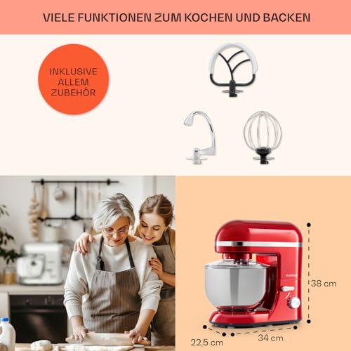 Klarstein Küchenmaschine, Knetmaschine mit 5L Schüssel, 1800W Profi Küchenmaschine mit Knethaken und Schneebesen, Universal Küchenmaschine mit 6 Stufen, Teigmaschine zum Rühren, Kneten und Aufschlagen