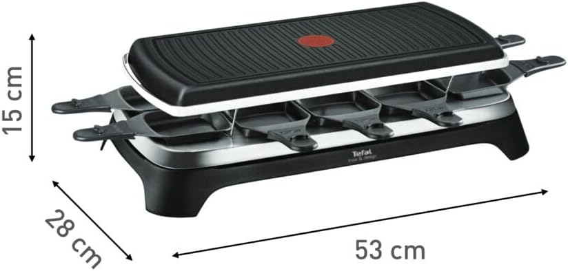 Tefal Raclette Grill Ambiance, Raclette 10 Personen, inkl. Tischgrill-Funktion, Grillplatte antihaftbeschichtet + spülmaschinengeeignet, abnehmbares 2 Meter-Kabel, schwarz, Edelstahl, 1350W, RE4588