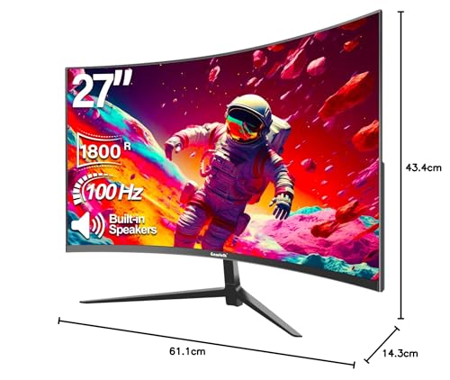 Gawfolk Curved Monitor 27 Zoll 100Hz, PC Bildschirm mit Lautsprecher 1080P, 1800R 75Hz Computerbildschirm mit Eye Care Technologie HDMI VGA, unterstützt VESA