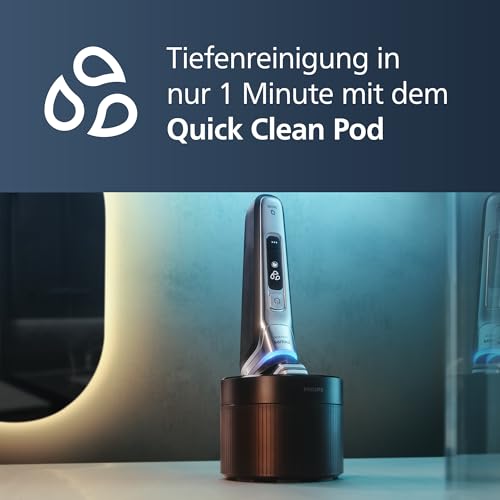 Philips Shaver S9000 – Elektrischer Nass-& Trockenrasierer für Männer, Dunkelchrom, Lift & Cut System, SkinIQ Technologie, Barttrimmer, Reinigungsstation, Ladestation & Reiseetui (Modell S9974/55)
