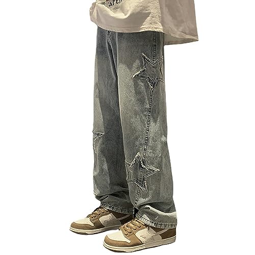 Y2K Vintage Effect Baggy Jeans for Men with Cross Print