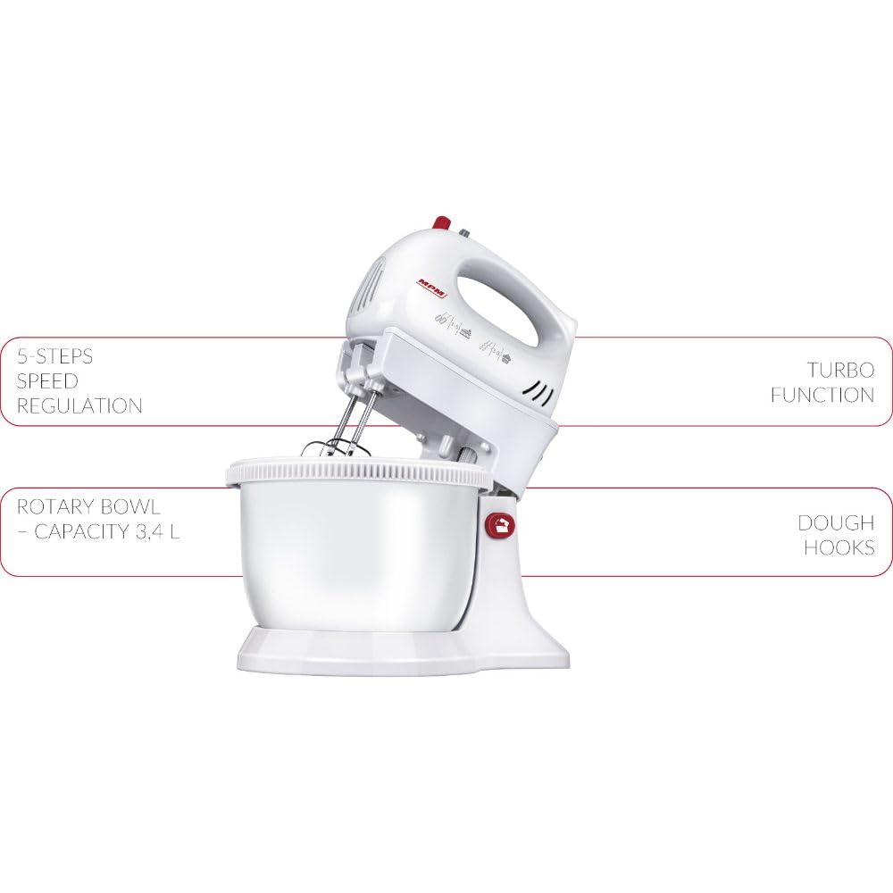 MPM MMR-22Z Teigknetmaschine mit 2 Rotierender Schüssel aus 3 L, BPA frei, Knetmaschine Küchenmaschine, 5 Geschwindigkeiten + Turbo, Stangen und Knethaken Edelstahl, Weiß, 750W
