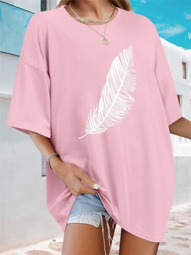 Tomwell Women’s Oversized T-Shirt – Good Vibes Feather Print