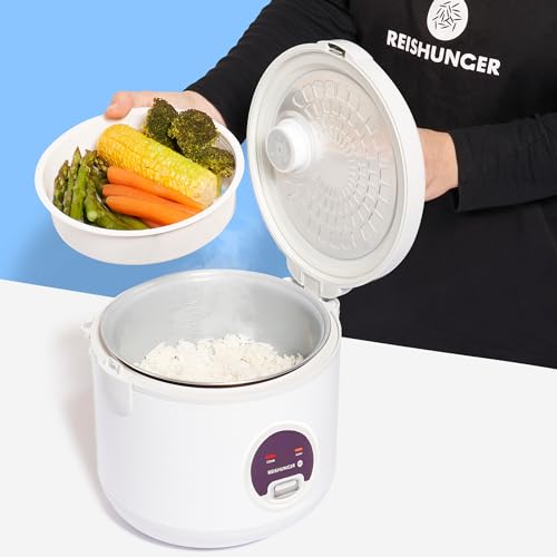 REISHUNGER Reiskocher & Dampfgarer mit Keramikbeschichtung - 1,2 L, Schwarz - Für 1-6 Personen - Schnelle Zubereitung ohne Anbrennen - Mit Warmhaltefunktion inkl. Dämpfeinsatz, Löffel & Messbecher