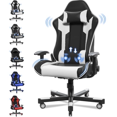 JUMMICO Massage Gaming Chair, Office Chair Ergonomic with Lumbar Support, Computer Chairs Racing Office Chairs Armchair, Height Adjustable Deck Chair Desk Chair 150kg Load Capacity, White