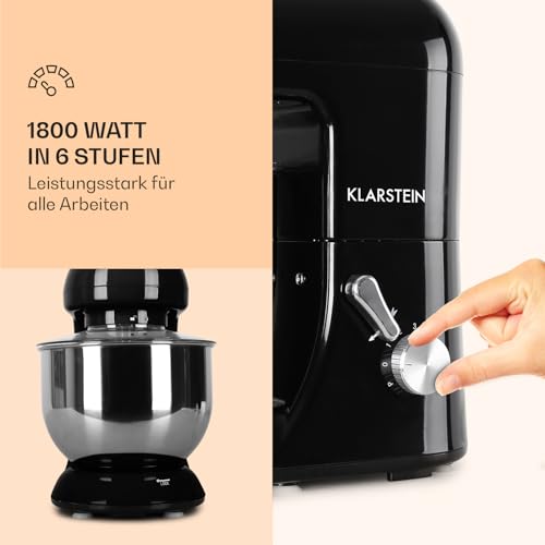 Klarstein Küchenmaschine, Knetmaschine mit 5L Schüssel, 1800W Profi Küchenmaschine mit Knethaken und Schneebesen, Universal Küchenmaschine mit 6 Stufen, Teigmaschine zum Rühren, Kneten und Aufschlagen