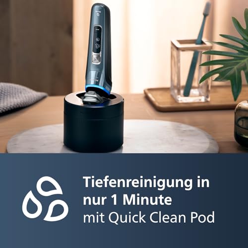 Philips Shaver S9000 – Elektrischer Nass-& Trockenrasierer für Männer, Dunkelchrom, Lift & Cut System, SkinIQ Technologie, Barttrimmer, Reinigungsstation, Ladestation & Reiseetui (Modell S9974/55)