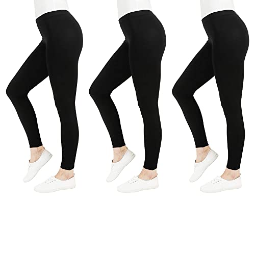 FM London Women’s 3-Pack Casual Leggings – Non-See-Through High Waist Cotton Leggings