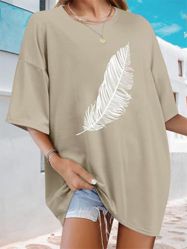 Tomwell Women’s Oversized T-Shirt – Good Vibes Feather Print
