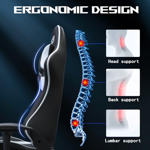 JUMMICO Massage Gaming Chair, Office Chair Ergonomic with Lumbar Support, Computer Chairs Racing Office Chairs Armchair, Height Adjustable Deck Chair Desk Chair 150kg Load Capacity, White