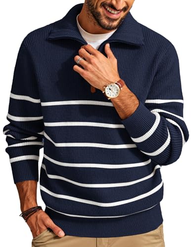 PJ PAUL JONES Men’s Quarter Zip Sweater – Striped Mock Neck Pullover