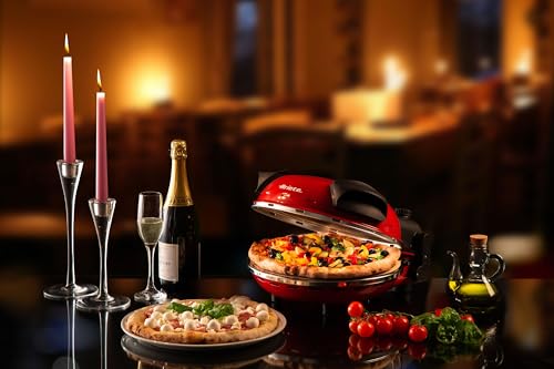 Ariete Pizzaofen 919, 4-Minuten-Pizza, Pizzaofen mit 5 Garstufen, Feuerfeste Platte zum Wiederaufwärmen, Holzbrettchen im Lieferumfang Enthalten, Max. Temperatur 400°C, 1200W, Rot