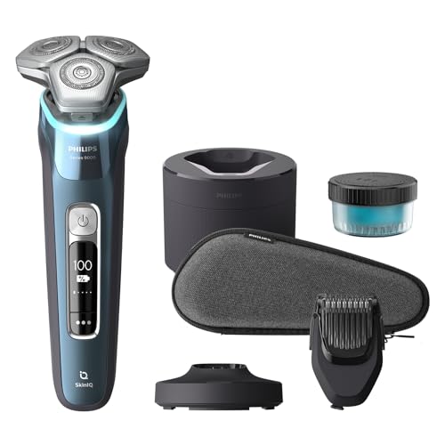 Philips Shaver S9000 – Elektrischer Nass-& Trockenrasierer für Männer, Dunkelchrom, Lift & Cut System, SkinIQ Technologie, Barttrimmer, Reinigungsstation, Ladestation & Reiseetui (Modell S9974/55)