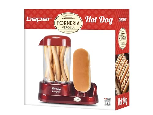 BEPER BT.150Y Hot Dog Maker mit 5 Kochstufen - Hot Dog Maschine im Vintage Design, Rot, 750 W