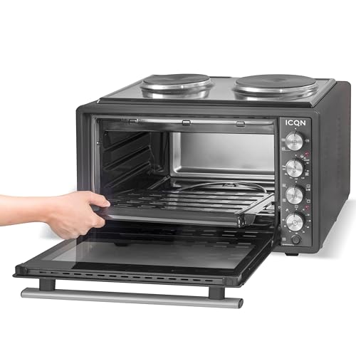 ICQN Kompakter Minibackofen 15 Liter, 1200W, 60 min-Timer, 3 Kochfuntionen, 90°-230°C, Kleiner Camping Ofen, Anthrazit, 2-Jahre Garantie
