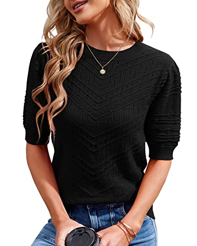 Women's Short Sleeve Knit Sweater – Casual Round Neck Puff Sleeve Pullover