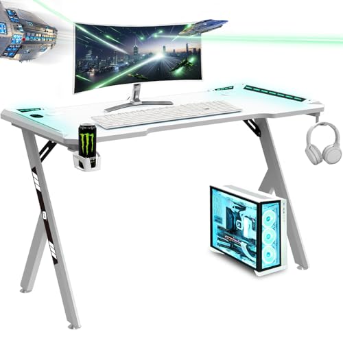 NK Gaming Schreibtisch LED (120X60cm) - Becher- und Flaschenhalter, Kopfhörerhalterung, Kabelmanagement, Gaming-Schreibtisch, Tischplatte 1.5cm (Belastbarkeit) Maximal Unterstütztes Gewicht 100kg