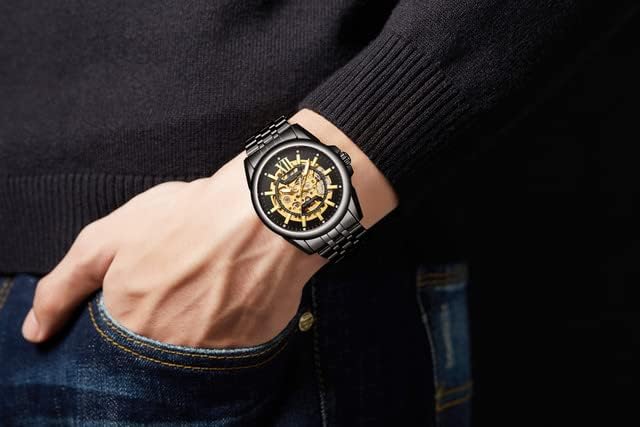 Anthony James Mystique Automatische Armbanduhren Herren - Handmontierte Wasser- & Kratzfeste Analoguhr mit 21 Juwelen Gold Skelett Zifferblatt Analoge Uhren Herren, Schwarz , Armband