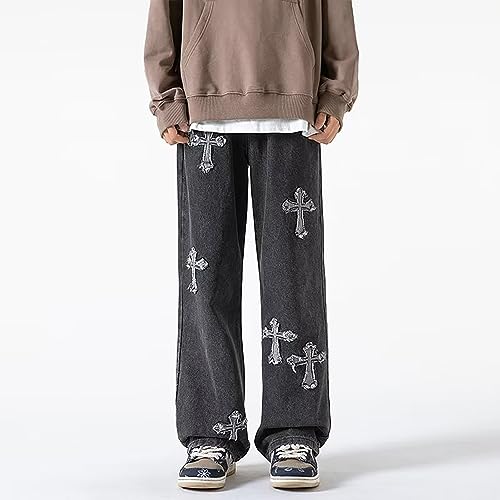 Y2K Vintage Effect Baggy Jeans for Men with Cross Print