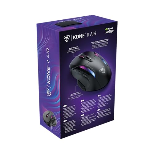 Turtle Beach Kone II Air – Kabellose, ergonomische RGB-Gaming-Maus, 350-Stunden-Akku, optischer 26K DPI Sensor, 21 programmierbare Funktionen, 4D-Free-Spin-Scroll-Rad, Schwarz