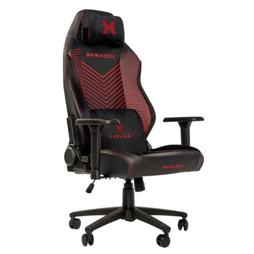 PARADOX - Gaming Stuhl - Schreibtischstuhl Ergonomisch - Verstellbare Armlehnen und Rückenlehne, Liegefunktion, Kissen, 125 kg Belastbar - Vanguard Crimson Arovs, Schwarz, Rot, Pfeil-Muster