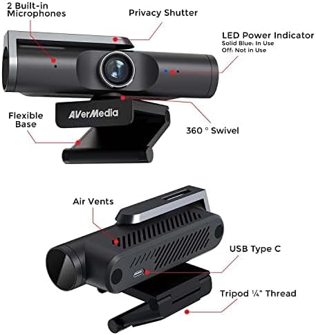 AverMedia PW515 4K Ultra HD Auto Focus Business Webcam - AI Controlled Solution Image and Lighting Adjustment 100° Wide FoV for Video Conferencing and Virtual Meeting Zoom Team Skype PC Mac