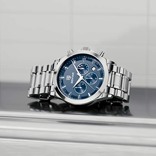 BY BENYAR Uhren Herren Chronograph Analog Quarz Wasserdicht Armbanduhr Herren Mode Lässig Business Herrenuhr mit Kalender Lederarmband/Edelstahlarmband Uhr Geschenk für Männer