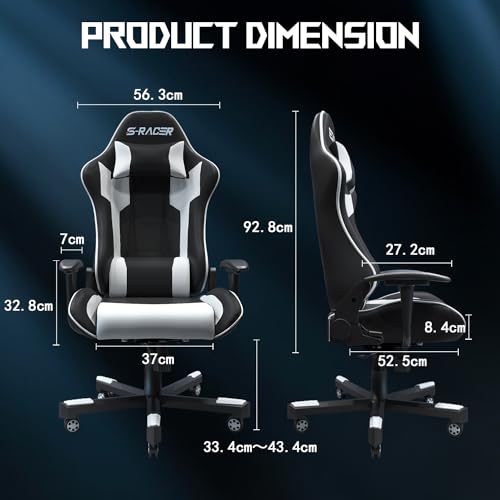 JUMMICO Massage Gaming Chair, Office Chair Ergonomic with Lumbar Support, Computer Chairs Racing Office Chairs Armchair, Height Adjustable Deck Chair Desk Chair 150kg Load Capacity, White
