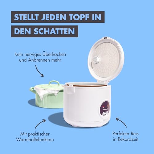 REISHUNGER Reiskocher & Dampfgarer mit Keramikbeschichtung - 1,2 L, Schwarz - Für 1-6 Personen - Schnelle Zubereitung ohne Anbrennen - Mit Warmhaltefunktion inkl. Dämpfeinsatz, Löffel & Messbecher