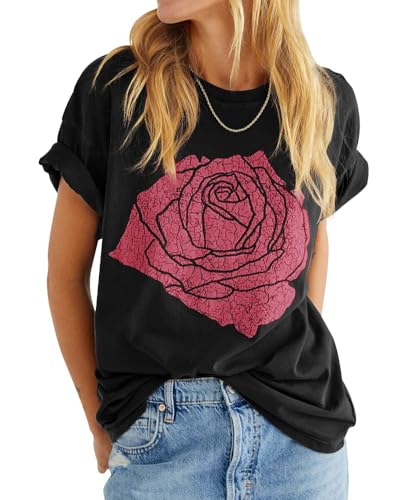 Fisoew Women’s Rose Flower Graphic T-Shirt
