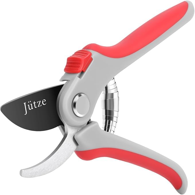 Jütze® Gartenschere für Sträucher und Blumen mit Rutschfester Griff & Edelstahl-Klinge, Leicht & Ergonomisch Rosenschere, Sicher mit Klingensperre, Beidhändig bedienbar, Länge 19cm