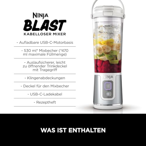 Ninja Blast Tragbarer Mixer / Blender / Smoothie Maker, 530ml Becher, Auslaufsicherer Deckel, Leistungsstarker Mini Standmixer, Kabellos & Wiederaufladbar, Zerkleinert Eis & Obst, Schwarz