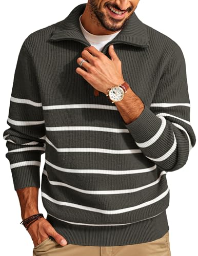 PJ PAUL JONES Men’s Quarter Zip Sweater – Striped Mock Neck Pullover