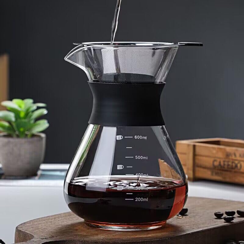 YunNasi Pour Over Kaffeebereiter Hand Kaffee Edelstahl Handfilter aus Glas mit Permanentfilter Schwarz