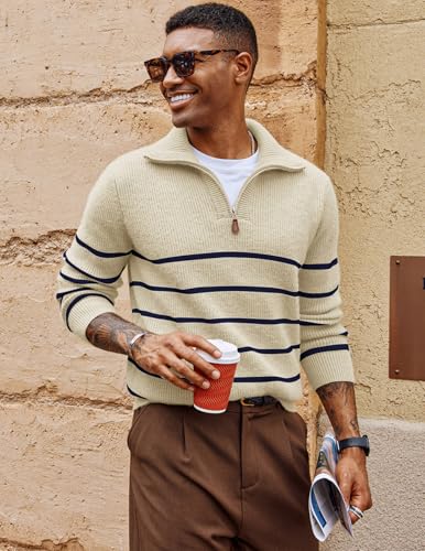 PJ PAUL JONES Men’s Quarter Zip Sweater – Striped Mock Neck Pullover