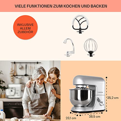Klarstein Küchenmaschine, Knetmaschine mit 5L Schüssel, 1800W Profi Küchenmaschine mit Knethaken und Schneebesen, Universal Küchenmaschine mit 6 Stufen, Teigmaschine zum Rühren, Kneten und Aufschlagen