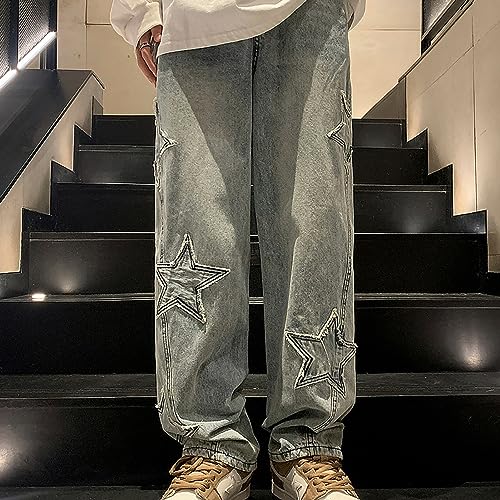 Y2K Vintage Effect Baggy Jeans for Men with Cross Print