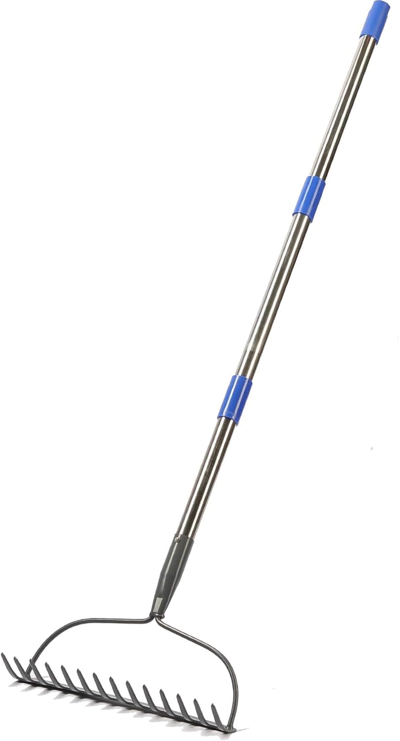 Laubrechen mit 14 Zähnen, Gartenharke aus Metall, Breite Harke mit 152 cm langem Metallstiel, Gartengerät zum Jäten, düngen, Gartenrechen für Rasen und Blätter