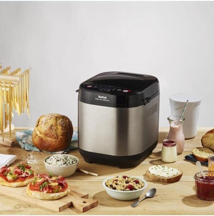 Tefal Brotbackautomat Pain & Délices, 20 Backprogramme, 3 Brotgrößen und Bräunungsstufen einstellbar, auch für Kuchen - Pizza - Nudelteig, Backform antihaftbeschichtet, schwarz/Edelstahl