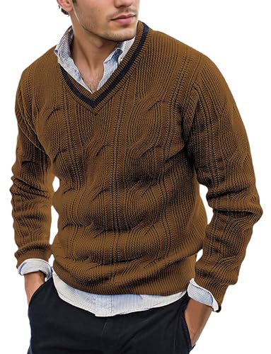 AIEOE Men’s V-Neck Cable Knit Sweater – Long Sleeve Casual Pullover