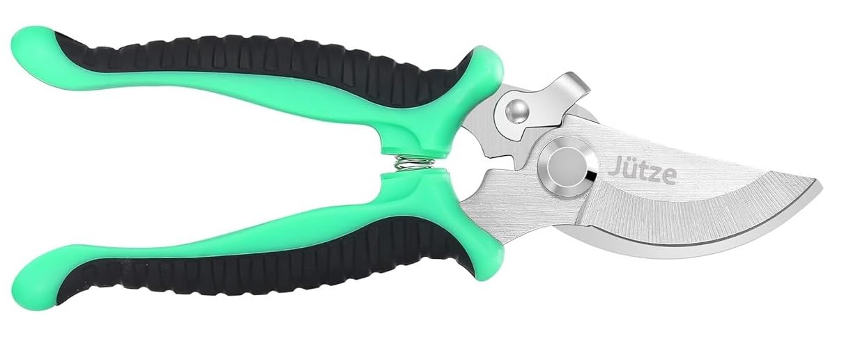Jütze® Gartenschere für Sträucher und Blumen mit Rutschfester Griff & Edelstahl-Klinge, Leicht & Ergonomisch Rosenschere, Sicher mit Klingensperre, Beidhändig bedienbar, Länge 19cm