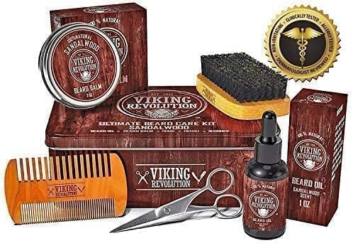 Viking Revolution Bartpflegeset für Männer - Ultimatives mit 100% Wildschweinborsten Bartbürste, Bartkamm aus Holz, Bart Balsam, Bartöl, Schnurrbart- & Bartschere - Geschenke Für Männer - Sandelholz