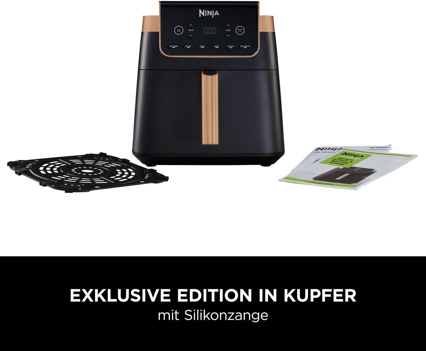 Ninja Heißluftfritteuse MAX PRO, 6,2 L, ölfrei, große Schublade, Rösten, Backen, Air Fry, Antihaftbeschichtet, Spülmaschinenfester Korb & Crisper Gittereinsatz, Silikonzange, Schwarz/Kupfer, AF180EUCP