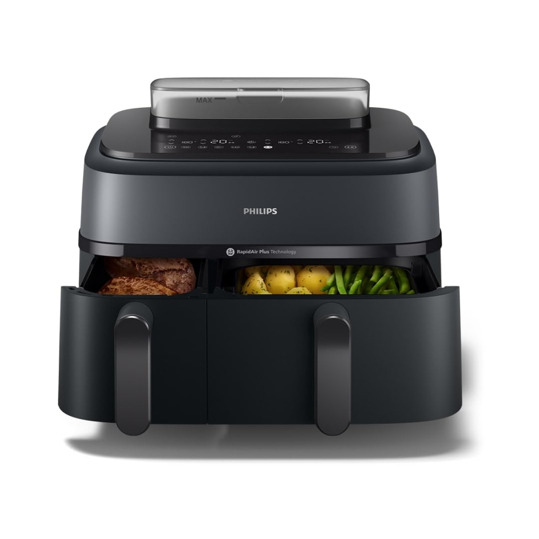 Philips Airfryer Dual Basket 3000 Series, 9L, 2 Körbe, 2 Gerichte gleichzeitig fertig, RapidAir Plus Heißlufttechnologie, 90% weniger Fett, Energieeffizient, HomeID Rezepte-App