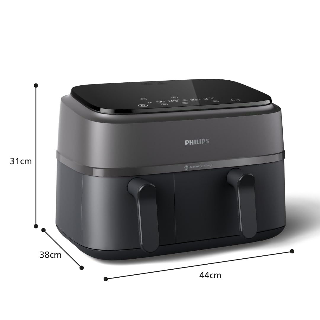 Philips Airfryer Dual Basket 3000 Series, 9L, 2 Körbe, 2 Gerichte gleichzeitig fertig, RapidAir Plus Heißlufttechnologie, 90% weniger Fett, Energieeffizient, HomeID Rezepte-App