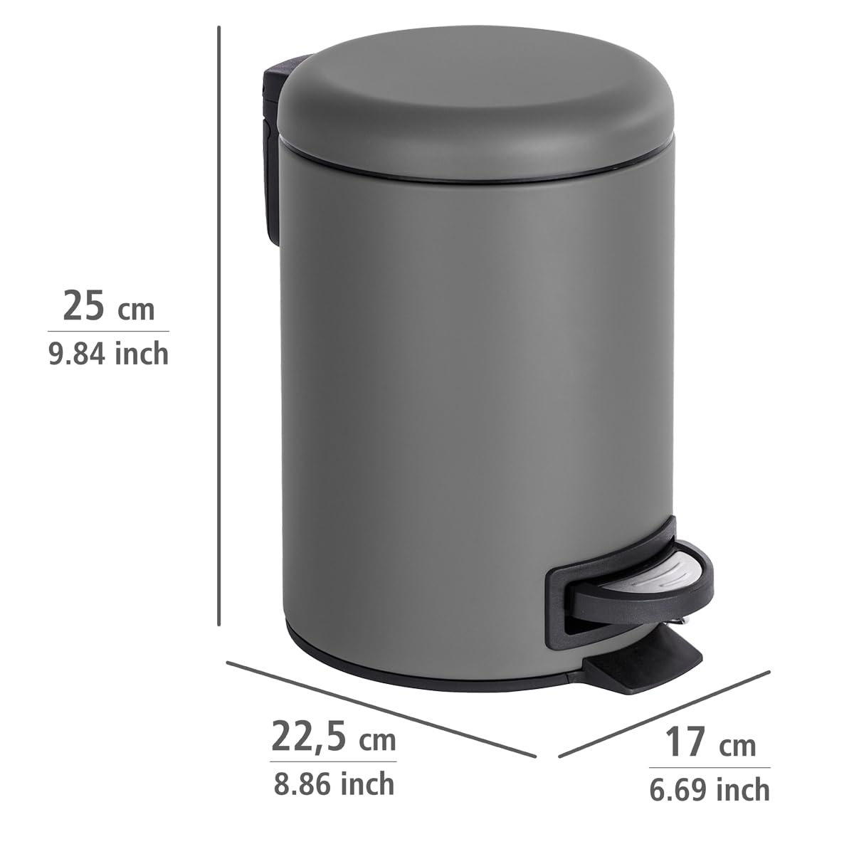 WENKO Treteimer Mod. Leman 3 Liter mit herausnehmbarem Einsatz aus lackiertem Stahl ideal für Badezimmer oder Küche 17 x 25 x 22,5 cm Schwarz matt