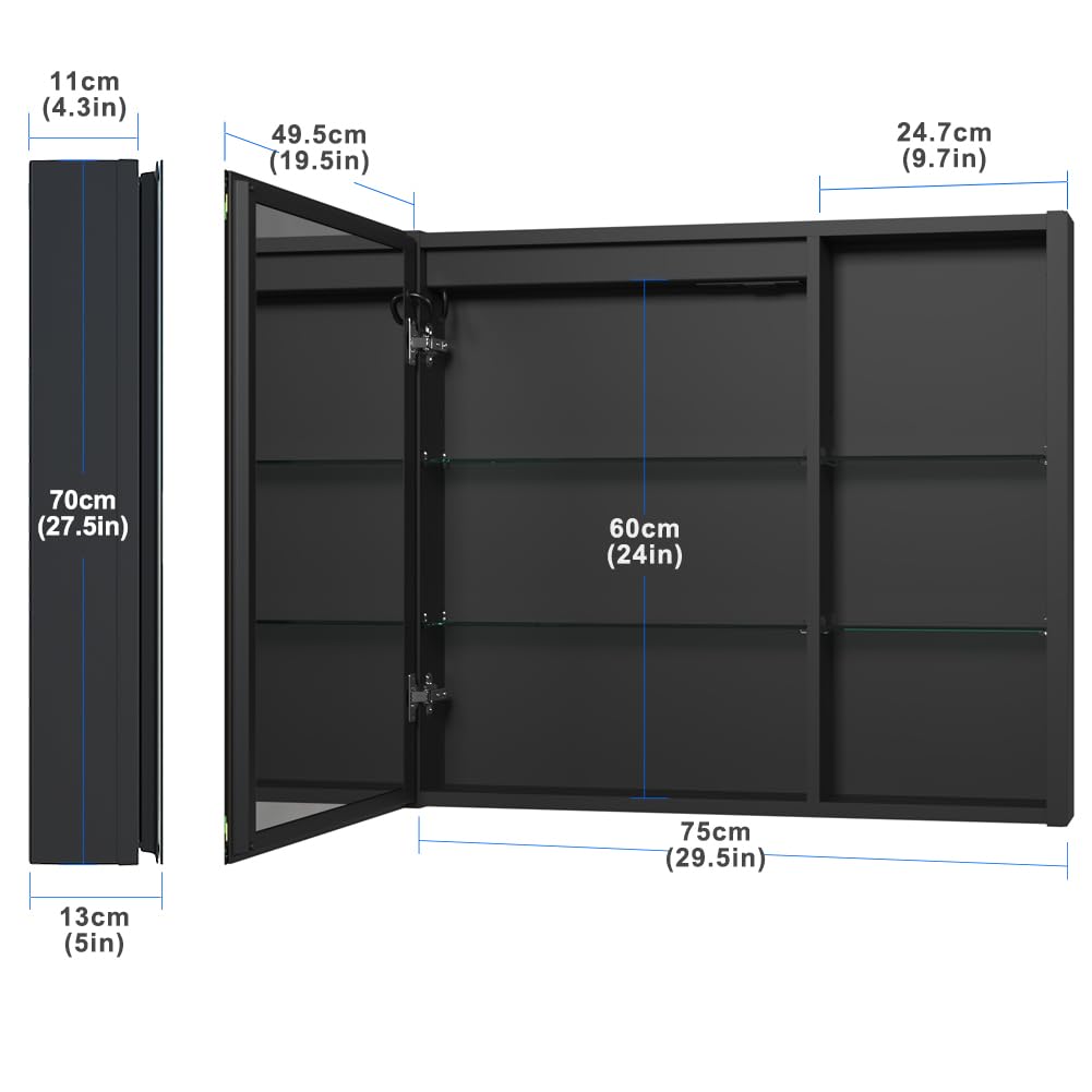 KWW LED Beleuchtetes Badezimmer Medizin Kabinett mit Spiegel, Farbtemperatur Einstellbar, Anti-Nebel Dimmbare Lichter, Steckdosen für USBs (80 x 70 cm)